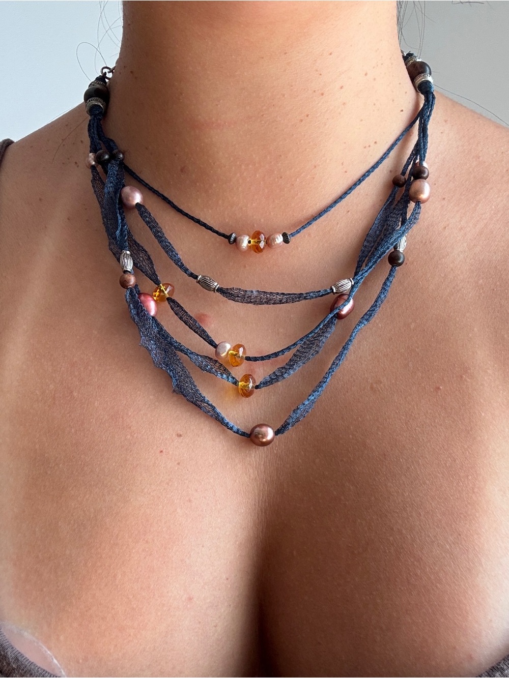Multi-Strand Blue Fabric Necklace with Beads